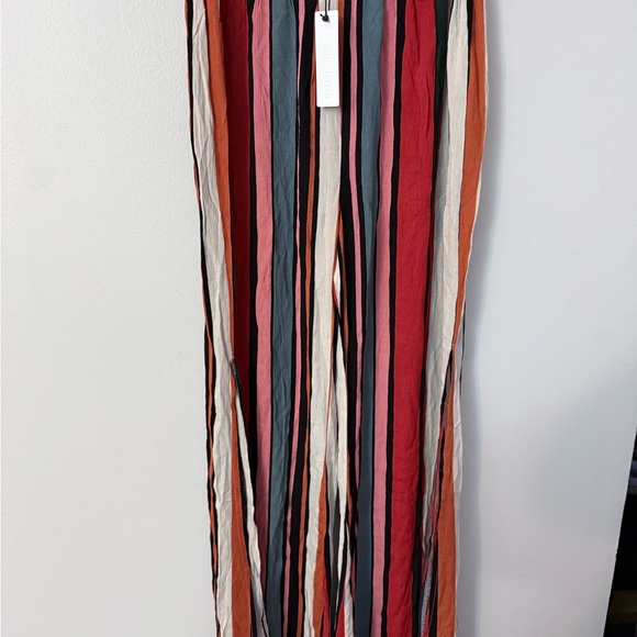 Olivaceous Pants - Olivaceous striped wide-leg pants flowy with high side slits